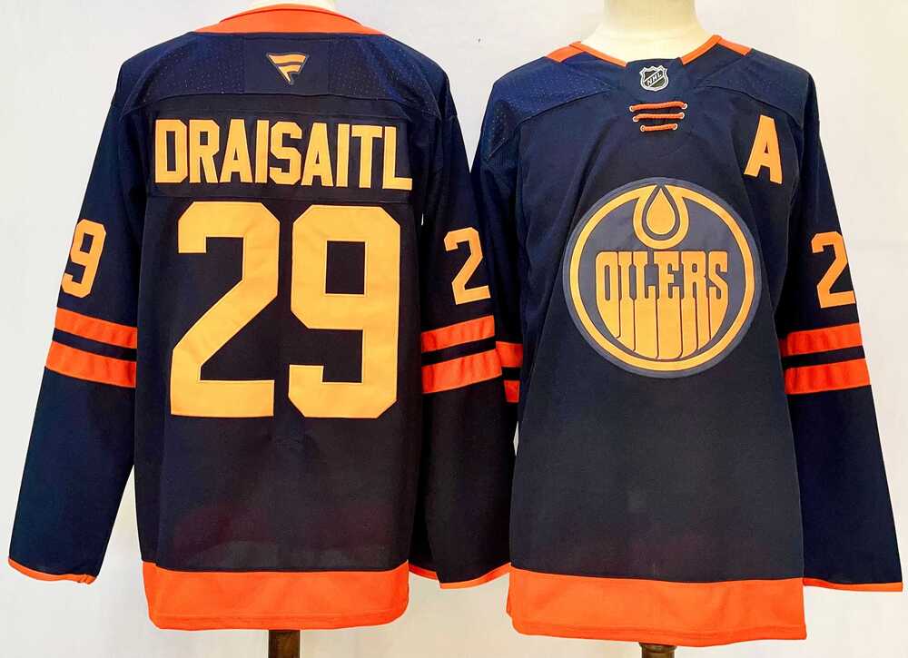 Mens Edmonton Oilers #29 Leon Draisaitl Navy 2024-25 A Patch Stitched Jersey->edmonton oilers->NHL Jersey